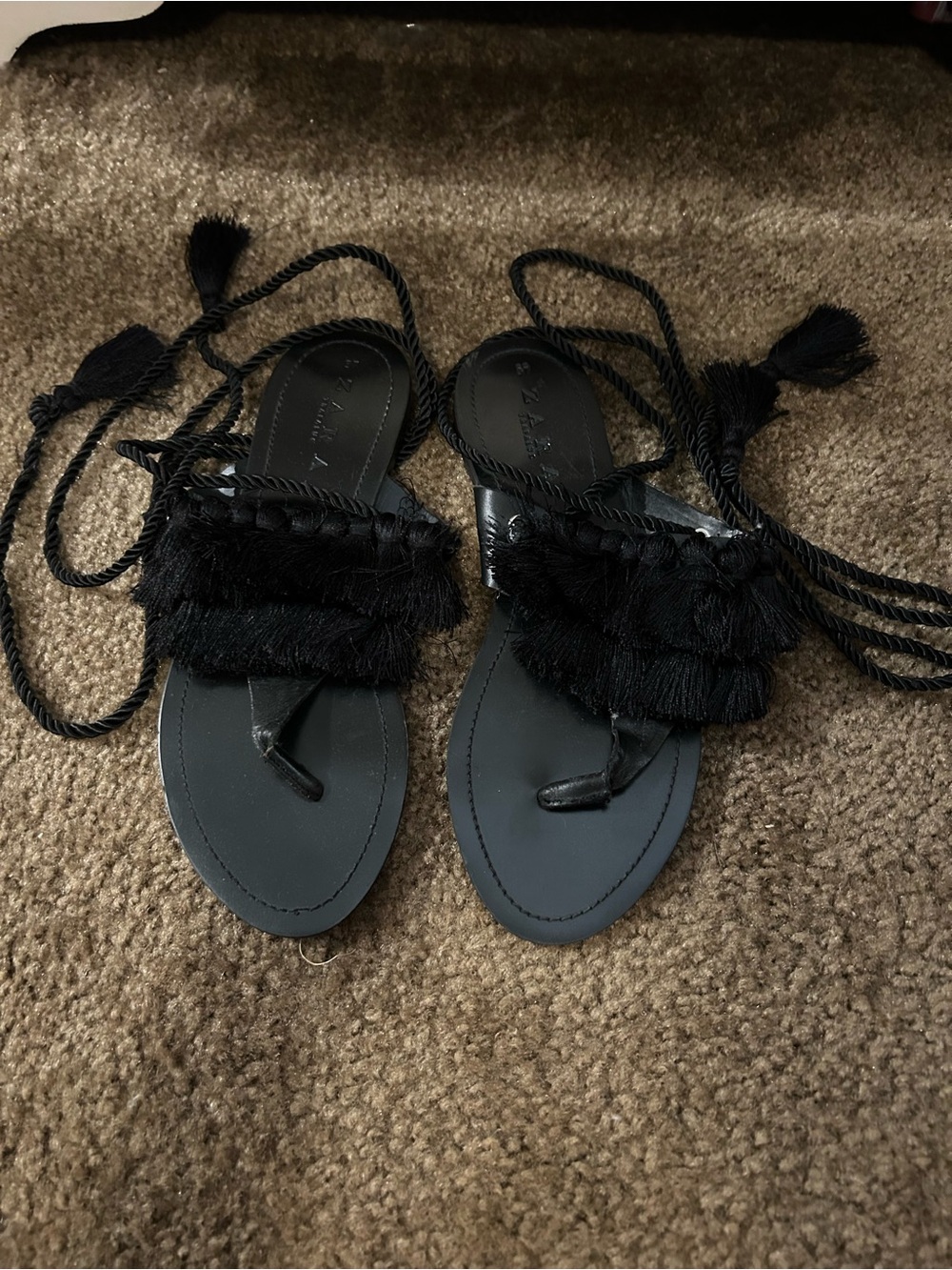 Zara Black Fringe Lace-Up Sandals with Tassel Wraps